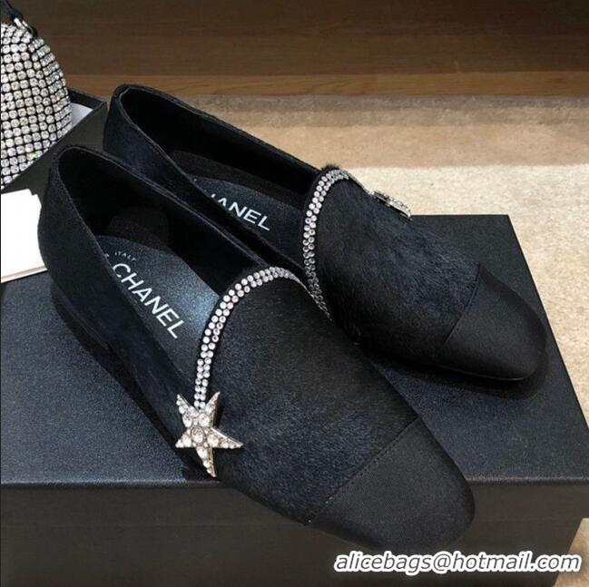 Promotional Chanel Fur Flat Loafers with Crystal Star G35833 Black 2020