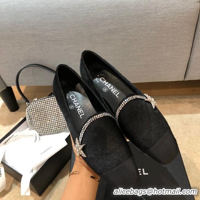 Promotional Chanel Fur Flat Loafers with Crystal Star G35833 Black 2020