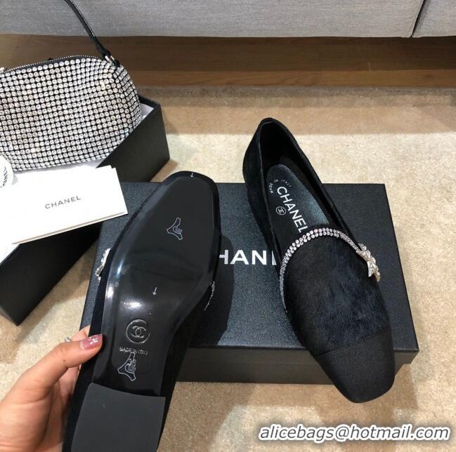 Promotional Chanel Fur Flat Loafers with Crystal Star G35833 Black 2020