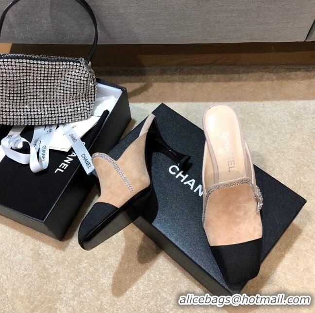 Low Price Chanel Velvet High-Heel Mules with Crystal Star 90mm G35833 Apricot 2020