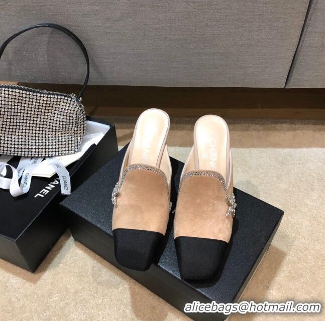 Low Price Chanel Velvet High-Heel Mules with Crystal Star 90mm G35833 Apricot 2020