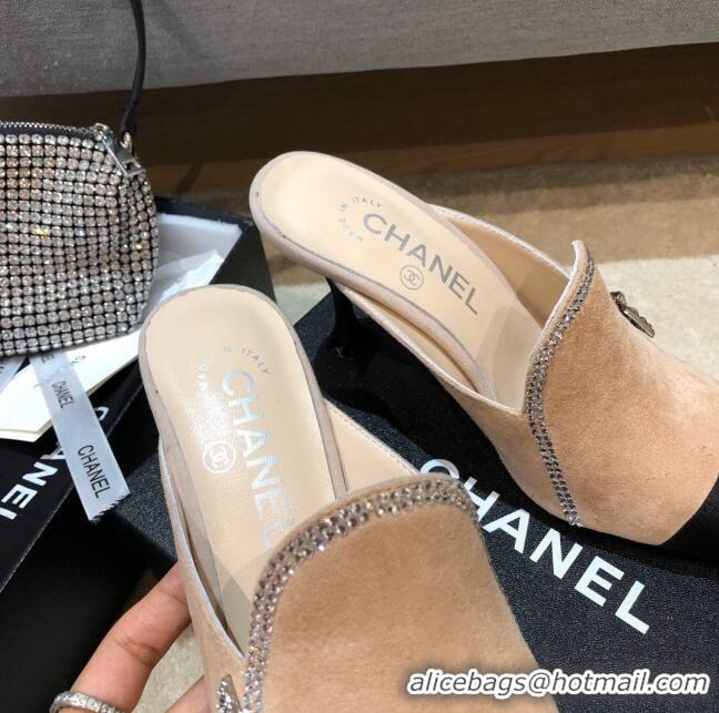 Low Price Chanel Velvet High-Heel Mules with Crystal Star 90mm G35833 Apricot 2020