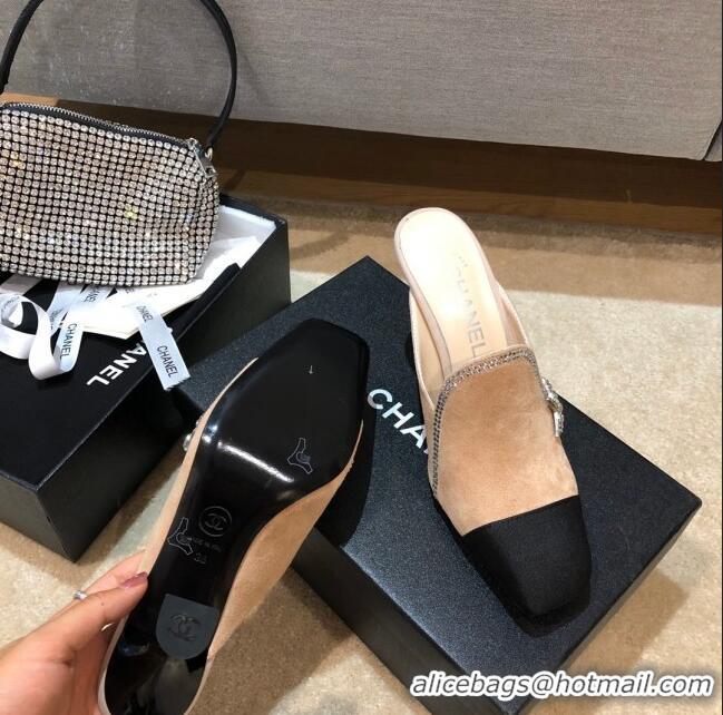 Low Price Chanel Velvet High-Heel Mules with Crystal Star 90mm G35833 Apricot 2020