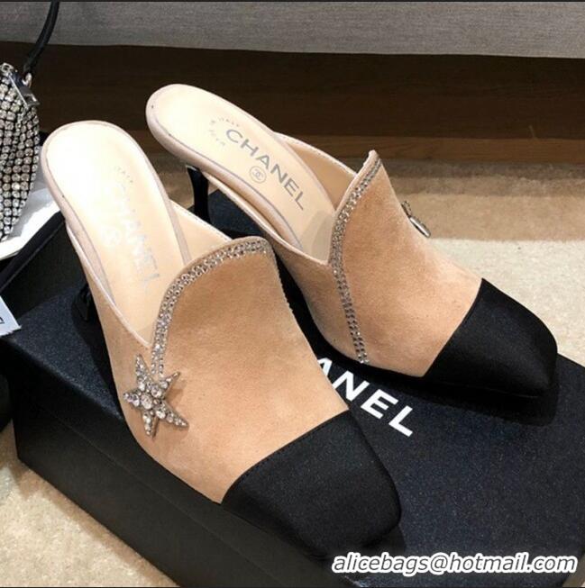 Low Price Chanel Velvet High-Heel Mules with Crystal Star 90mm G35833 Apricot 2020