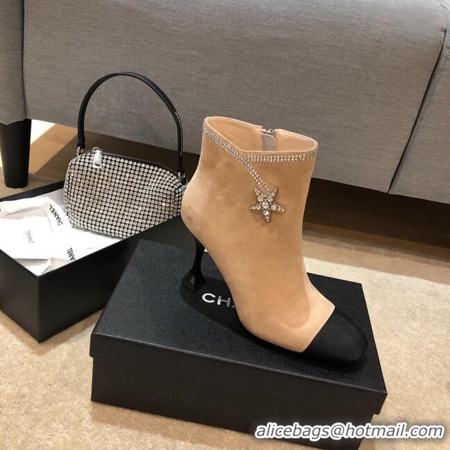 Super Brand Chanel Velvet High-Heel Short Boots with Crystal Star 90mm G35833 Apricot 2020