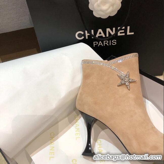 Super Brand Chanel Velvet High-Heel Short Boots with Crystal Star 90mm G35833 Apricot 2020