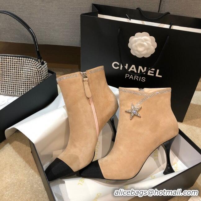 Super Brand Chanel Velvet High-Heel Short Boots with Crystal Star 90mm G35833 Apricot 2020