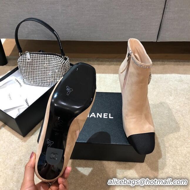 Super Brand Chanel Velvet High-Heel Short Boots with Crystal Star 90mm G35833 Apricot 2020