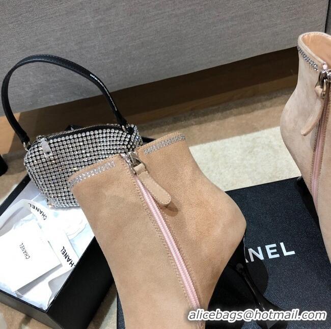 Super Brand Chanel Velvet High-Heel Short Boots with Crystal Star 90mm G35833 Apricot 2020