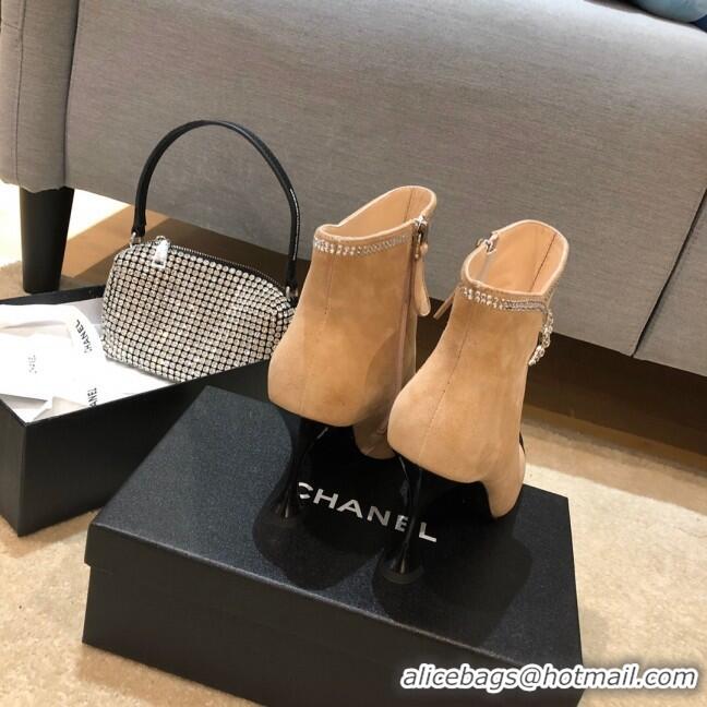 Super Brand Chanel Velvet High-Heel Short Boots with Crystal Star 90mm G35833 Apricot 2020