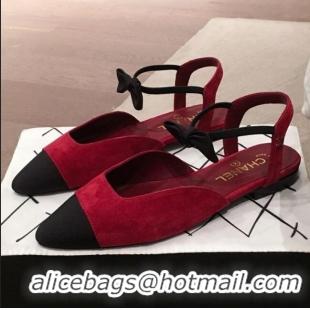 AAAAA Discount Chanel Suede Flat Mary Janes Slingback with Bow G36361 Burgundy 2020