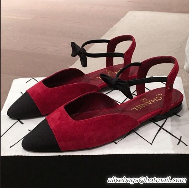 AAAAA Discount Chanel Suede Flat Mary Janes Slingback with Bow G36361 Burgundy 2020