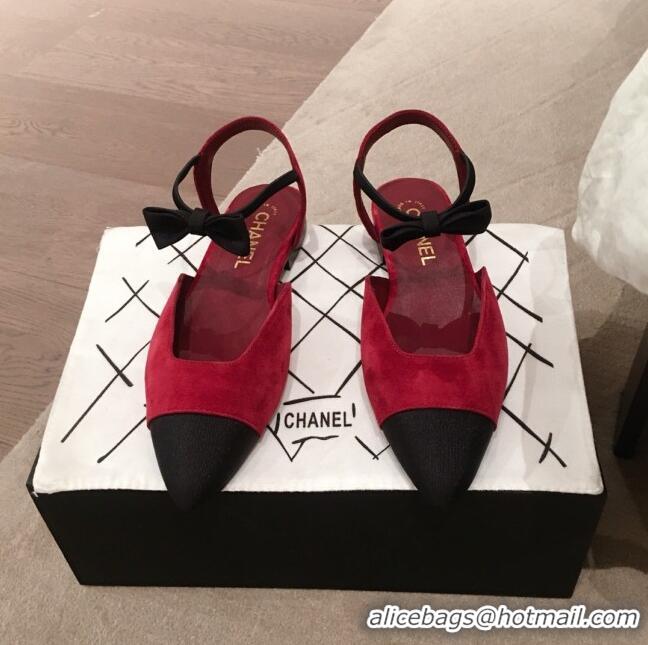 AAAAA Discount Chanel Suede Flat Mary Janes Slingback with Bow G36361 Burgundy 2020