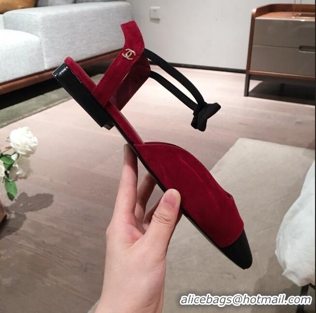 AAAAA Discount Chanel Suede Flat Mary Janes Slingback with Bow G36361 Burgundy 2020