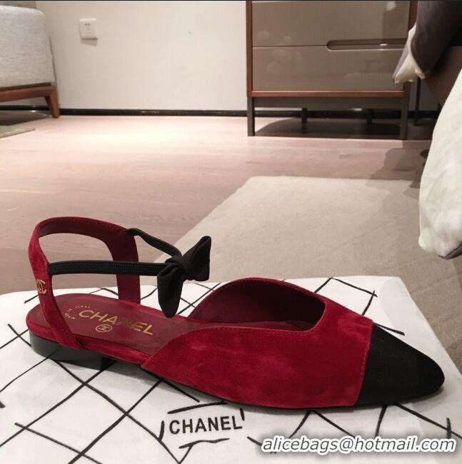 AAAAA Discount Chanel Suede Flat Mary Janes Slingback with Bow G36361 Burgundy 2020