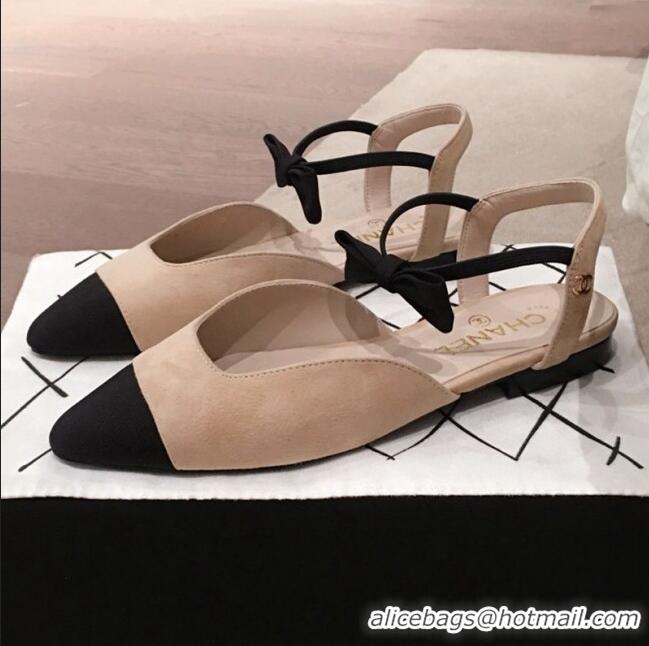 Popular Style Chanel Suede Flat Mary Janes Slingback with Bow G36361 Apricot 2020