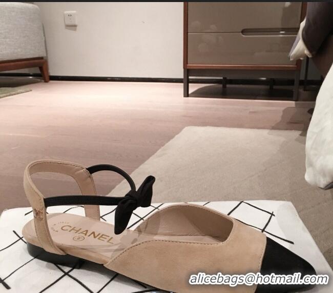 Popular Style Chanel Suede Flat Mary Janes Slingback with Bow G36361 Apricot 2020