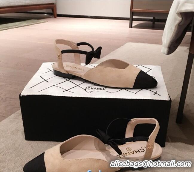 Popular Style Chanel Suede Flat Mary Janes Slingback with Bow G36361 Apricot 2020