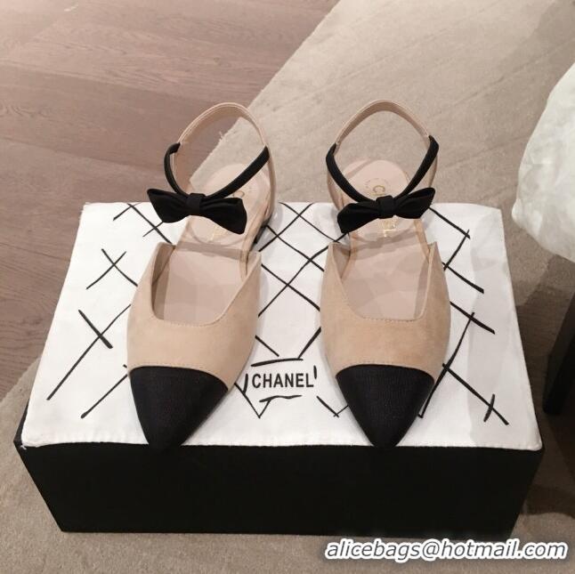 Popular Style Chanel Suede Flat Mary Janes Slingback with Bow G36361 Apricot 2020