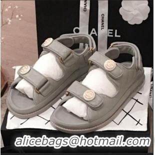 Classic Specials Chanel Leather Strap CC Button Flat Sandals G3445 Gray 2020