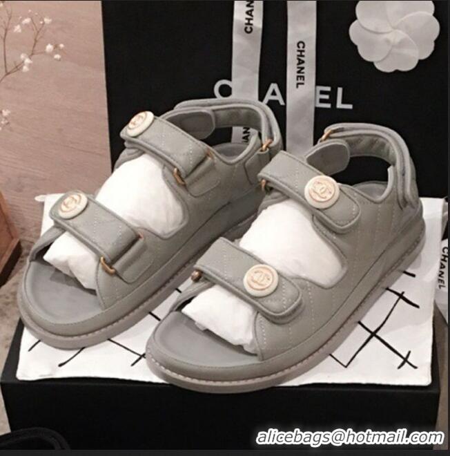 Classic Specials Chanel Leather Strap CC Button Flat Sandals G3445 Gray 2020