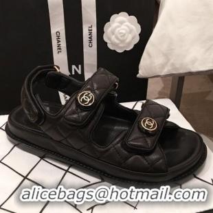 Well Crafted Chanel Leather Strap CC Button Flat Sandals G3445 Black 2020