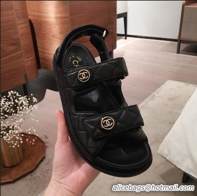 Well Crafted Chanel Leather Strap CC Button Flat Sandals G3445 Black 2020