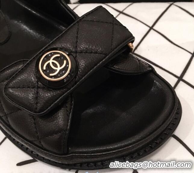 Well Crafted Chanel Leather Strap CC Button Flat Sandals G3445 Black 2020