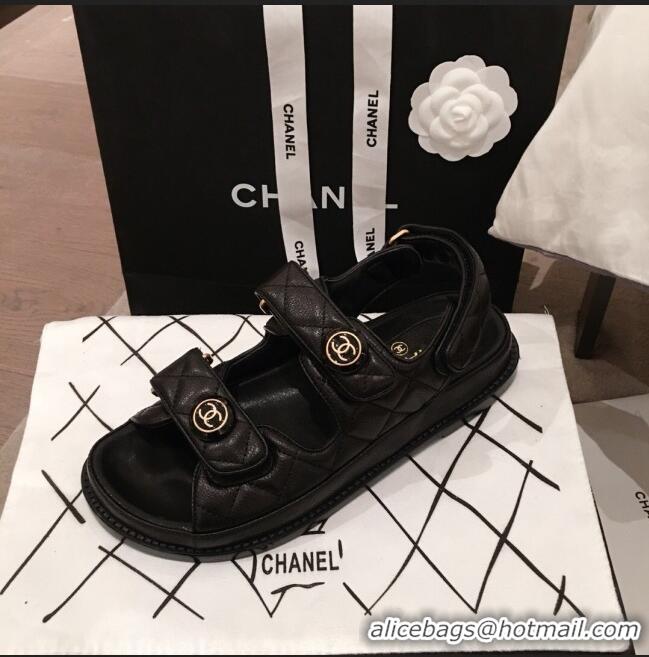 Well Crafted Chanel Leather Strap CC Button Flat Sandals G3445 Black 2020