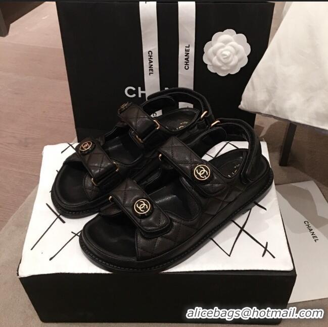 Well Crafted Chanel Leather Strap CC Button Flat Sandals G3445 Black 2020