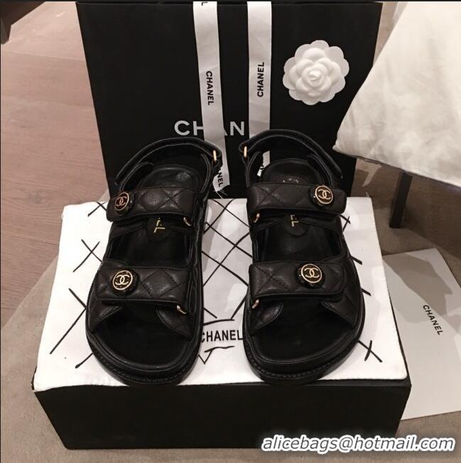 Well Crafted Chanel Leather Strap CC Button Flat Sandals G3445 Black 2020