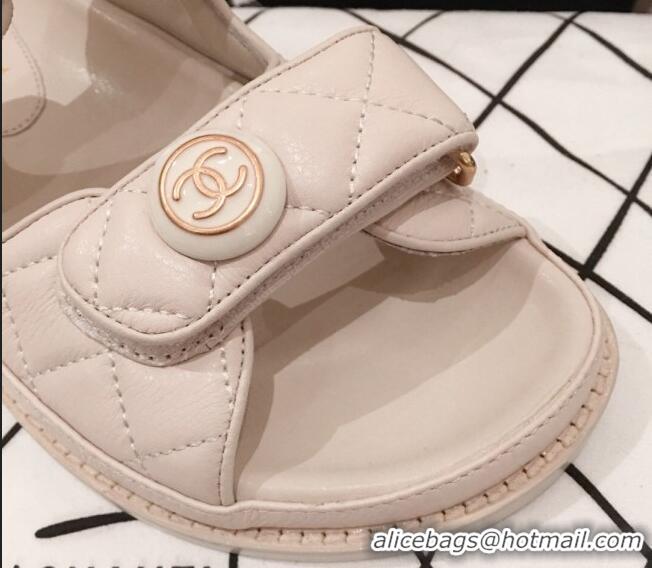 Best Product Chanel Leather Strap CC Button Flat Sandals G3445 White 2020