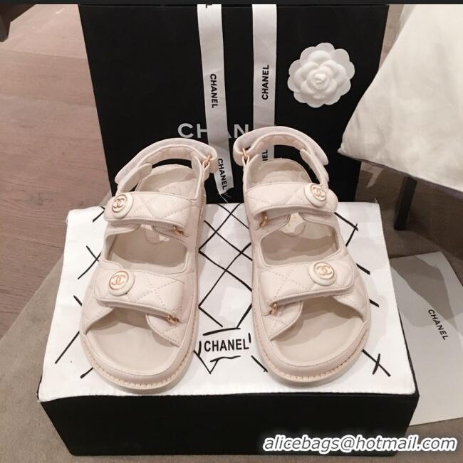 Best Product Chanel Leather Strap CC Button Flat Sandals G3445 White 2020