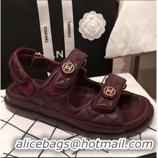 Good Taste Chanel Leather Strap CC Button Flat Sandals G3445 Burgundy 2020