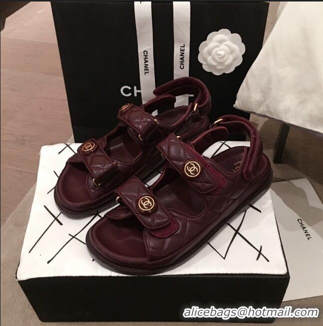 Good Taste Chanel Leather Strap CC Button Flat Sandals G3445 Burgundy 2020