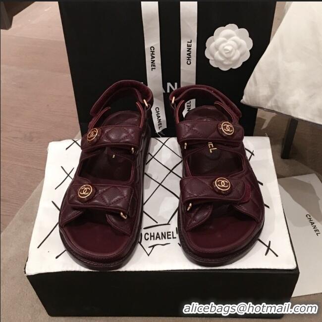 Good Taste Chanel Leather Strap CC Button Flat Sandals G3445 Burgundy 2020