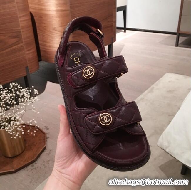 Good Taste Chanel Leather Strap CC Button Flat Sandals G3445 Burgundy 2020