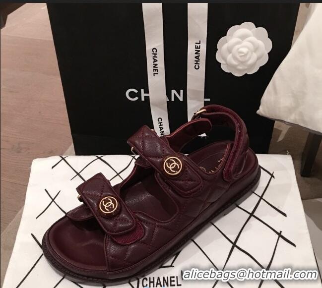 Good Taste Chanel Leather Strap CC Button Flat Sandals G3445 Burgundy 2020