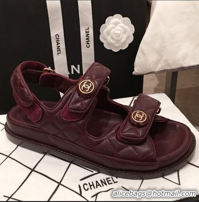 Good Taste Chanel Leather Strap CC Button Flat Sandals G3445 Burgundy 2020