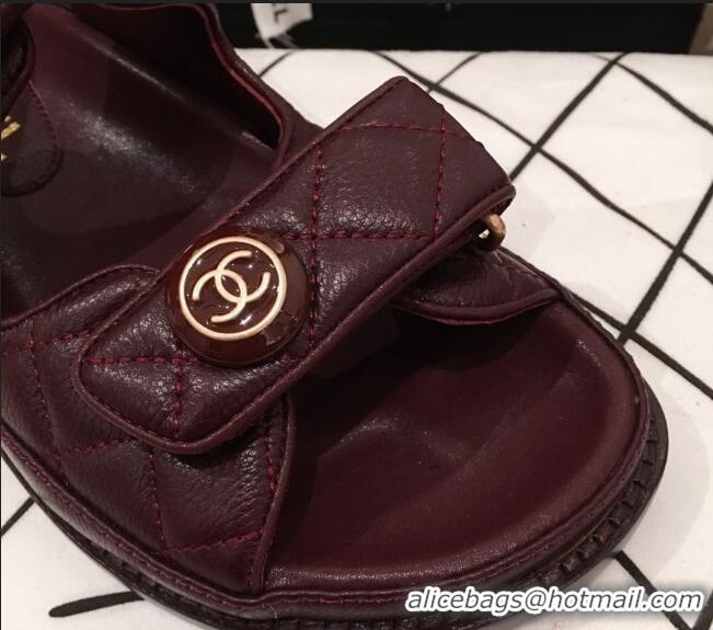 Good Taste Chanel Leather Strap CC Button Flat Sandals G3445 Burgundy 2020