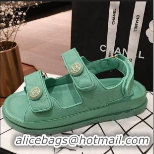 Inexpensive Chanel Leather Strap CC Button Flat Sandals G3445 Green 2020