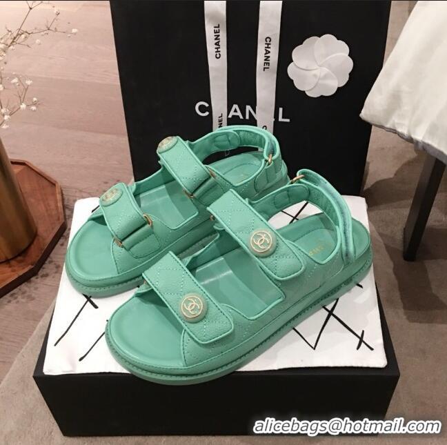 Inexpensive Chanel Leather Strap CC Button Flat Sandals G3445 Green 2020