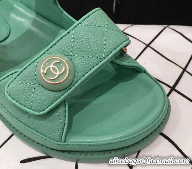 Inexpensive Chanel Leather Strap CC Button Flat Sandals G3445 Green 2020