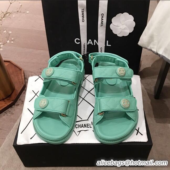 Inexpensive Chanel Leather Strap CC Button Flat Sandals G3445 Green 2020