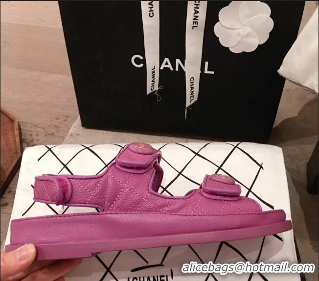 Buy Luxury Chanel Leather Strap CC Button Flat Sandals G3445 Purple 2020