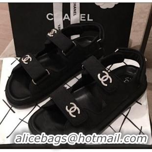 Discount Chanel Canvas Strap Crystal CC Flat Sandals G3446 Black 2020