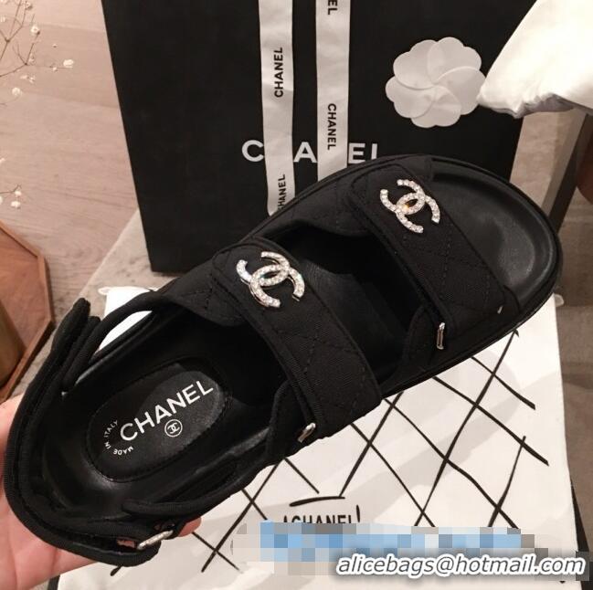 Discount Chanel Canvas Strap Crystal CC Flat Sandals G3446 Black 2020