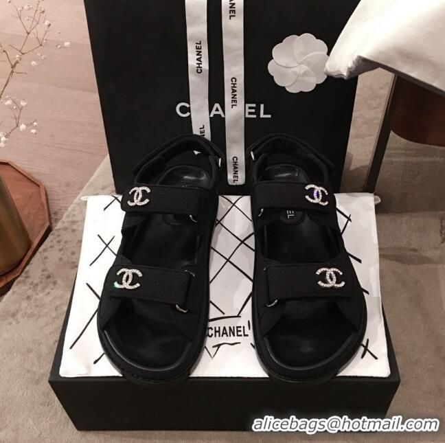 Discount Chanel Canvas Strap Crystal CC Flat Sandals G3446 Black 2020