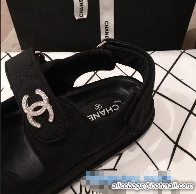 Discount Chanel Canvas Strap Crystal CC Flat Sandals G3446 Black 2020