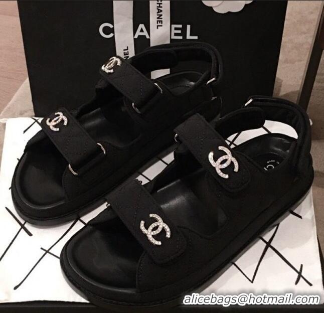 Discount Chanel Canvas Strap Crystal CC Flat Sandals G3446 Black 2020